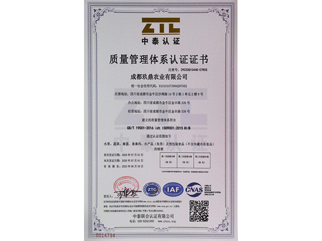 质量管理认证证书